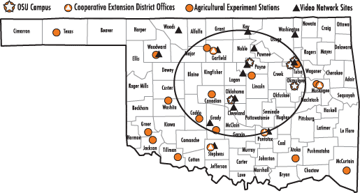 State of Oklahoma Map showing location of 16 agricultural experiment stations and Cooperative Extension Offices that are located in every county in the state